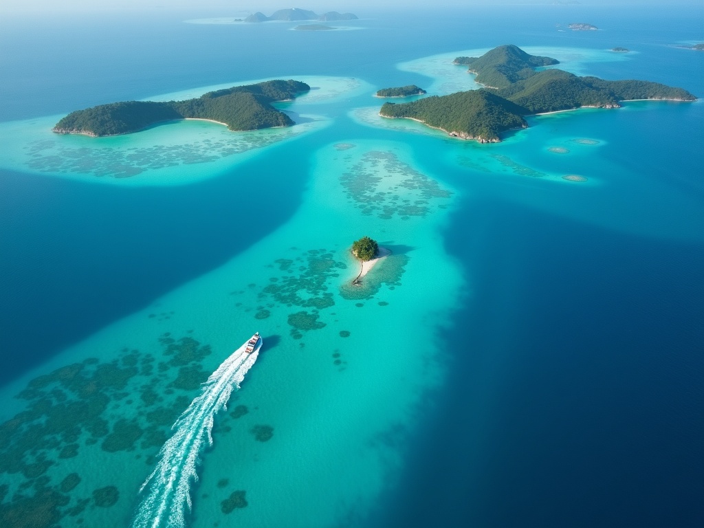 Aerial of a yacht routing east through island channels toward Gili and Lombok