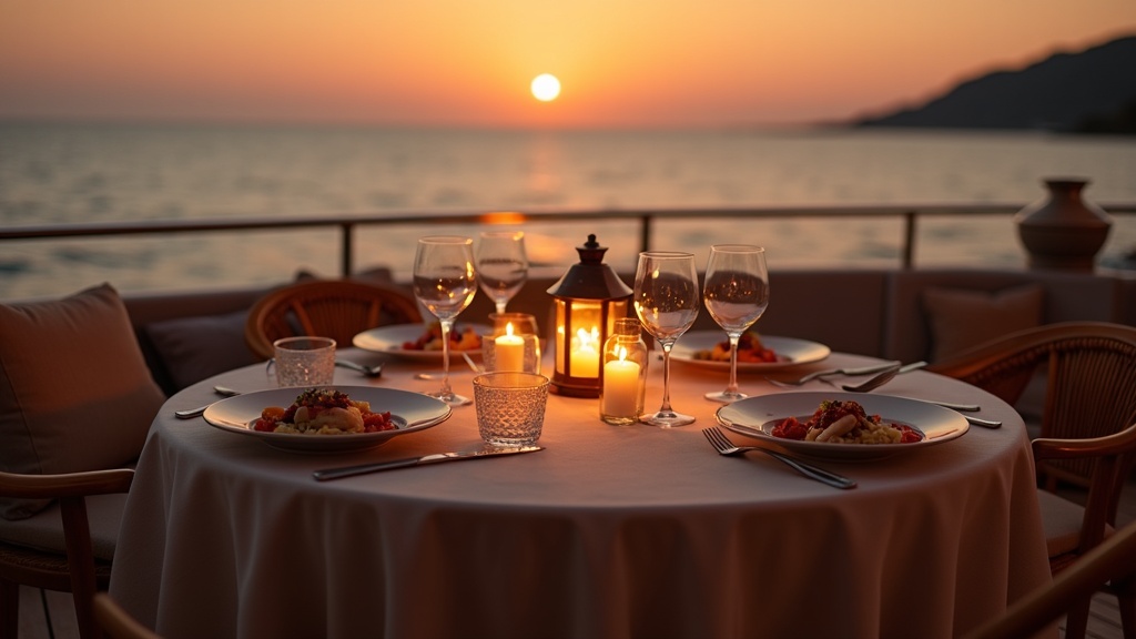 Chef-prepared dinner set on the open deck of a charter yacht at sunset