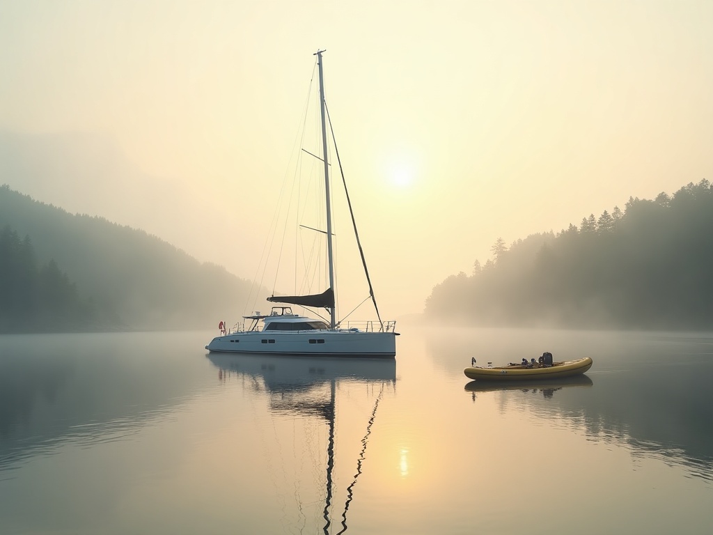 Sailing catamaran at a quiet dawn anchorage with tender and calm water
