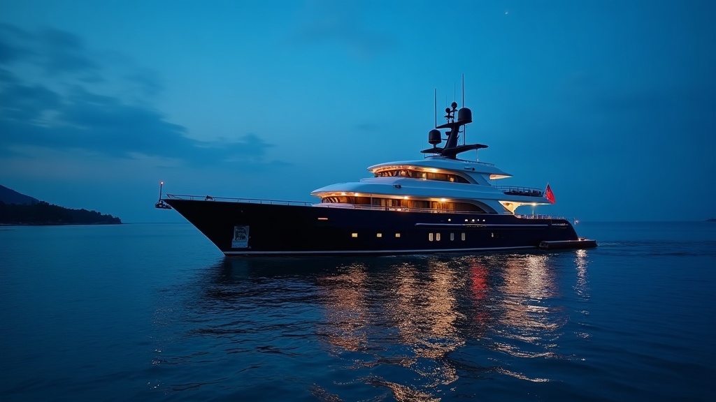 Crewed luxury yacht at anchor at blue hour in calm water off Bali